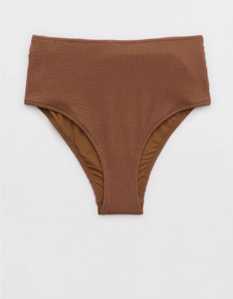 Aerie Crinkle High Waisted Cheeky Bikini Bottom Dark Brown | BRQ-691704