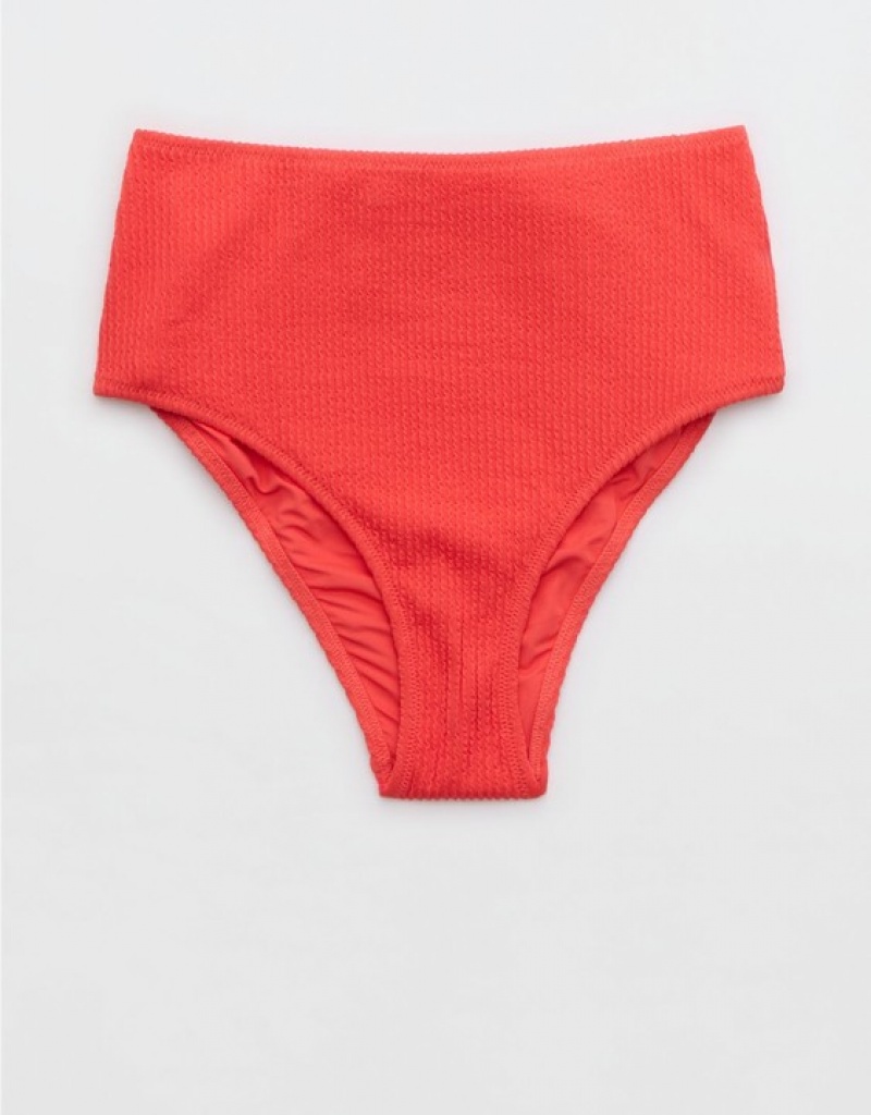 Aerie Crinkle High Waisted Cheeky Bikini Bottom Red | ECR-634572