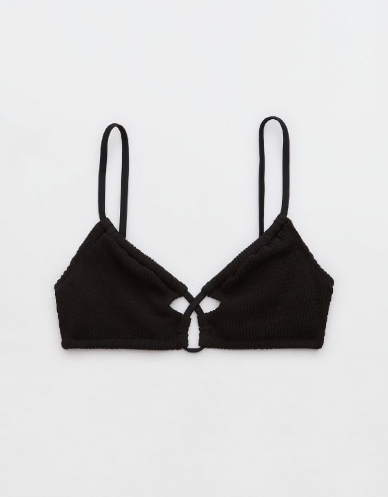 Aerie Crinkle Lace Up Scoop Bikini Top Black | AIK-870926