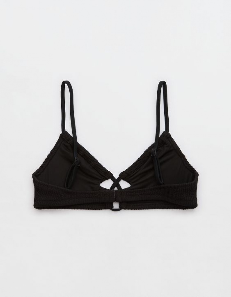 Aerie Crinkle Lace Up Scoop Bikini Top Black | AIK-870926