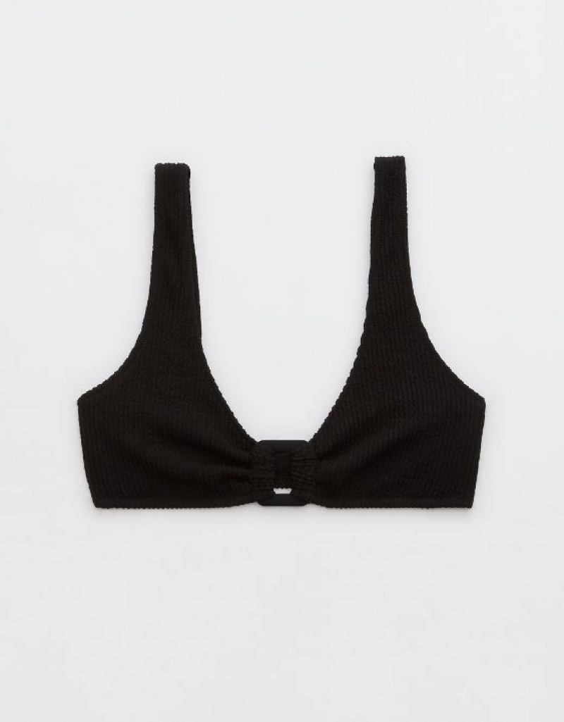 Aerie Crinkle Wide Strap Scoop Bikini Top Black | AKO-790412