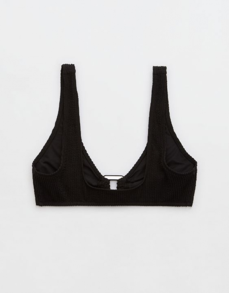 Aerie Crinkle Wide Strap Scoop Bikini Top Black | AKO-790412