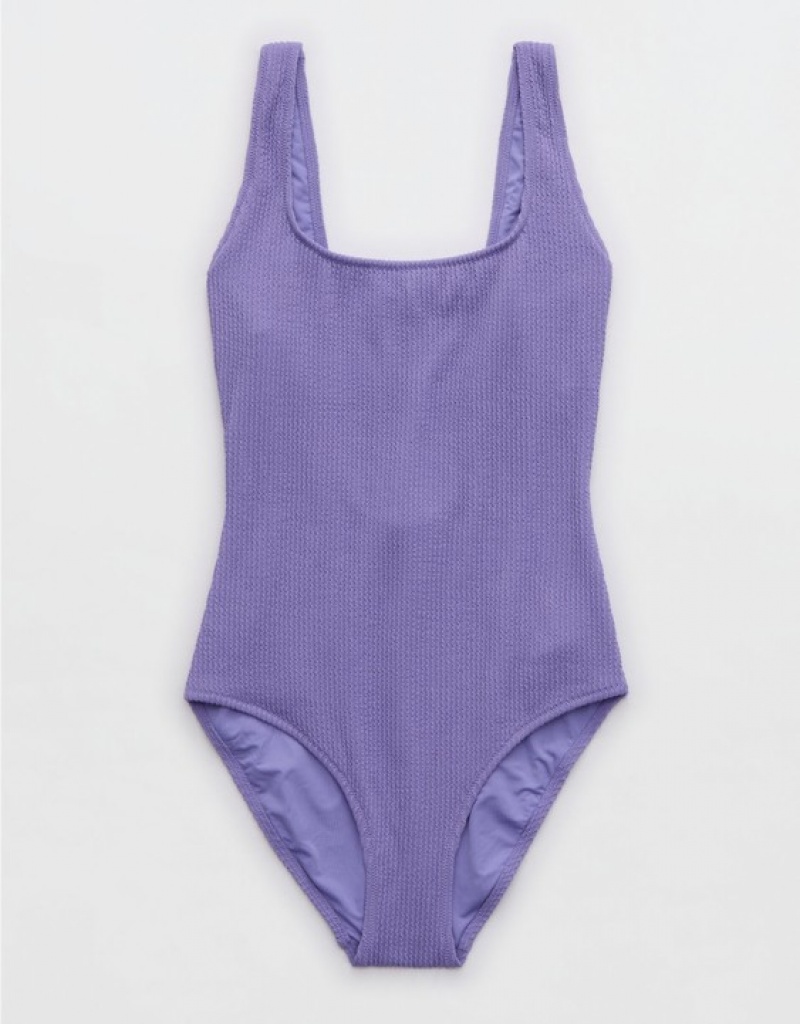 Aerie Crinkle Wide Strap Scoop One Piece Swimsuits Purple | HZE-726943