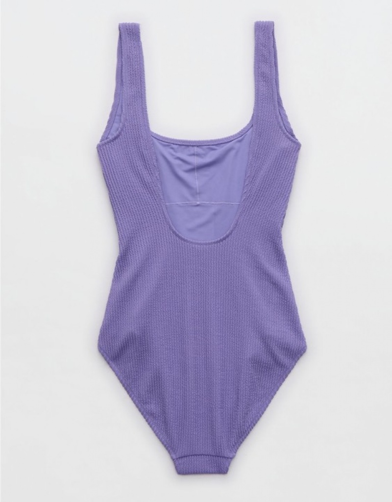 Aerie Crinkle Wide Strap Scoop One Piece Swimsuits Purple | HZE-726943