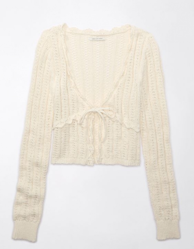 Aerie Crochet Tie-Front Cardigan Cream | LGQ-067198