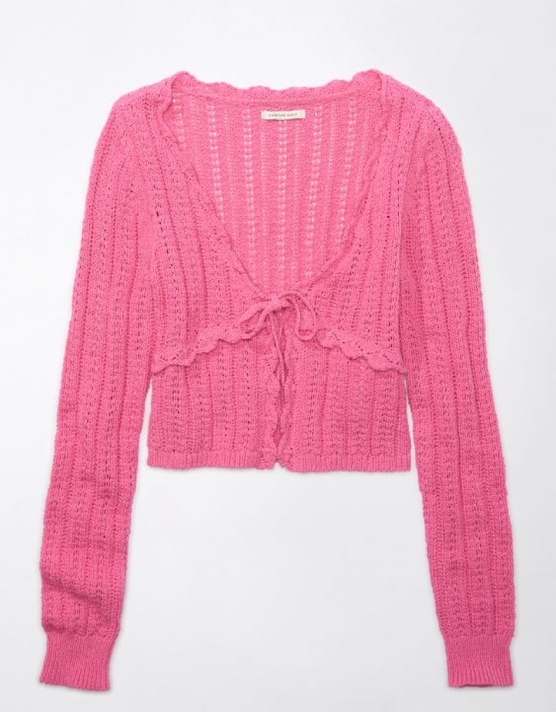 Aerie Crochet Tie-Front Cardigan Pink | YAW-396127