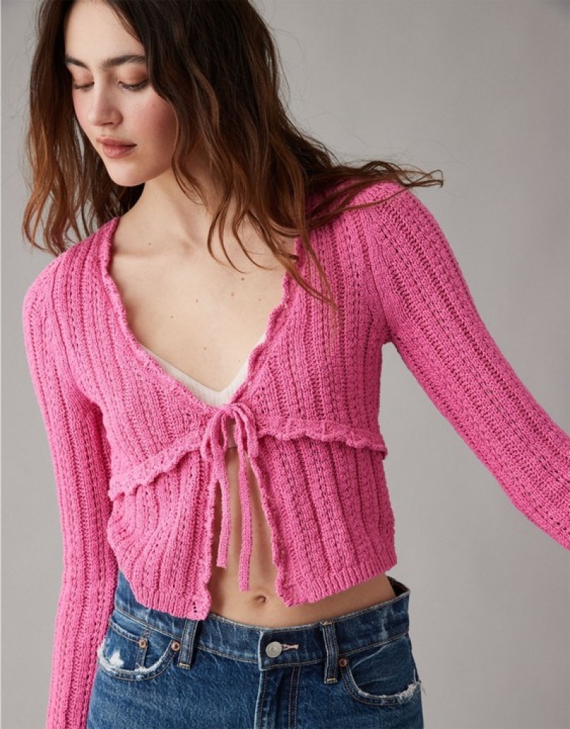 Aerie Crochet Tie-Front Cardigan Pink | YAW-396127