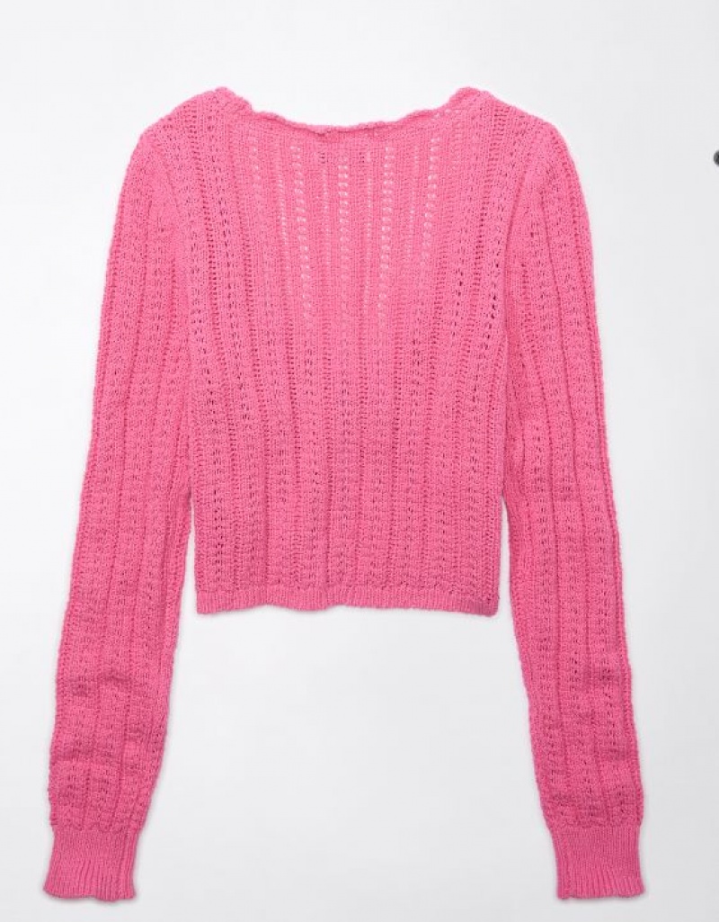 Aerie Crochet Tie-Front Cardigan Pink | YAW-396127