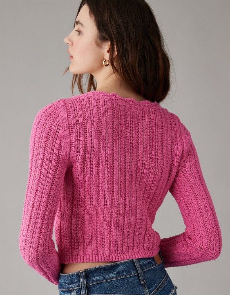 Aerie Crochet Tie-Front Cardigan Pink | YAW-396127