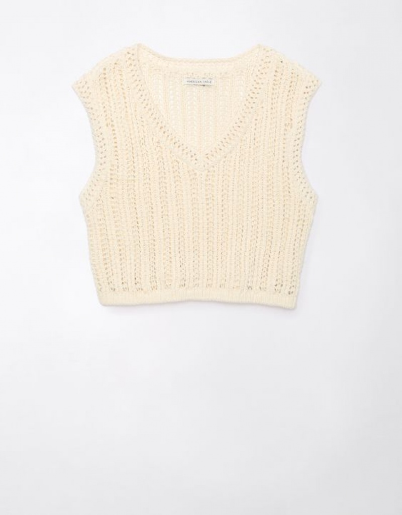 Aerie Crochet Vest Cardigan Cream | IHC-395720