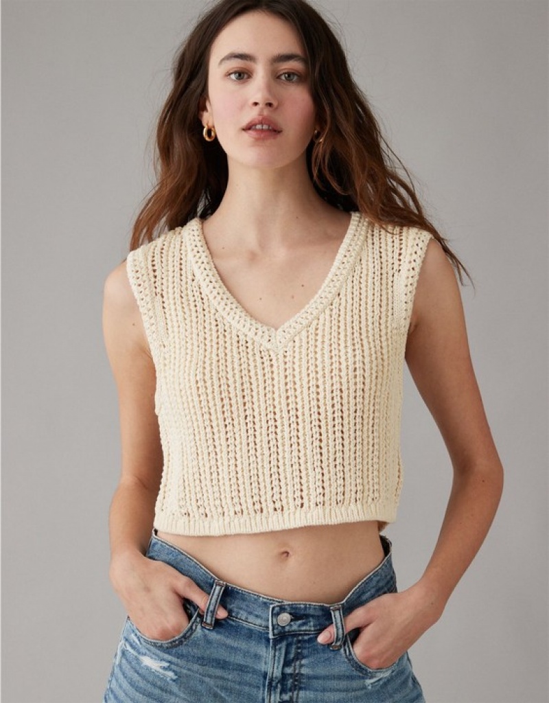 Aerie Crochet Vest Cardigan Cream | IHC-395720