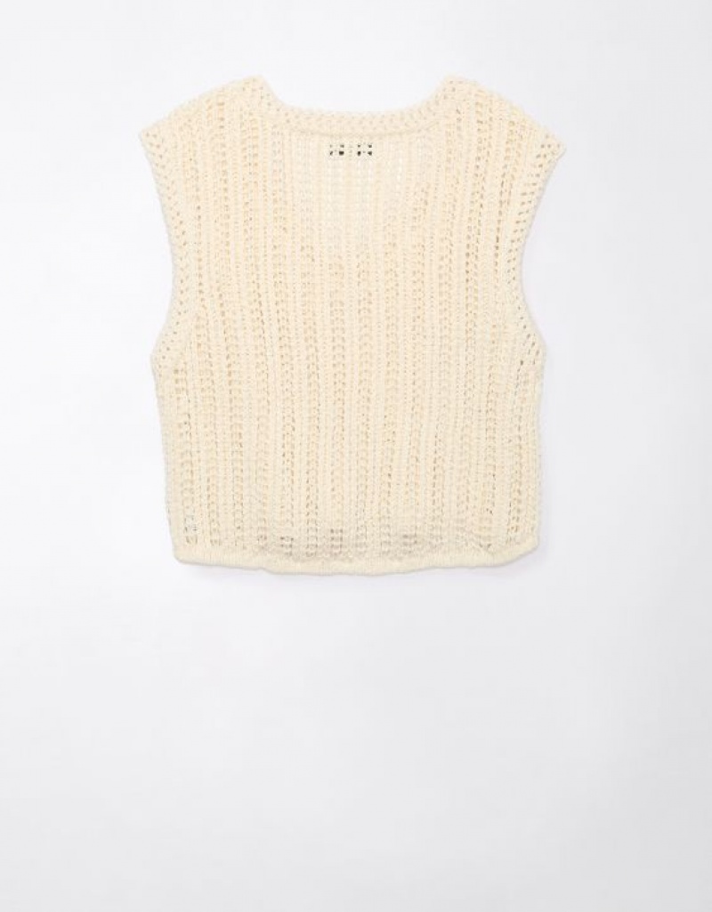 Aerie Crochet Vest Cardigan Cream | IHC-395720