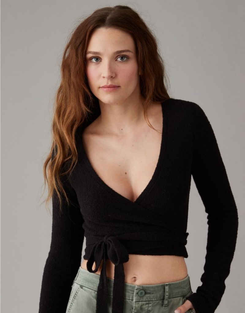 Aerie Cropped Ballet Wrap Cardigan Black | QSN-062913