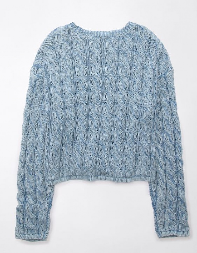 Aerie Cropped Cable-Knit Sweater Blue | DQO-059467