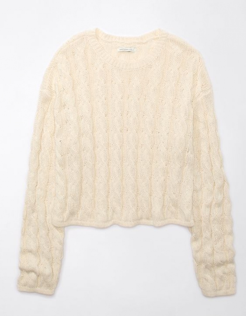 Aerie Cropped Cable-Knit Sweater Cream | TMK-248715