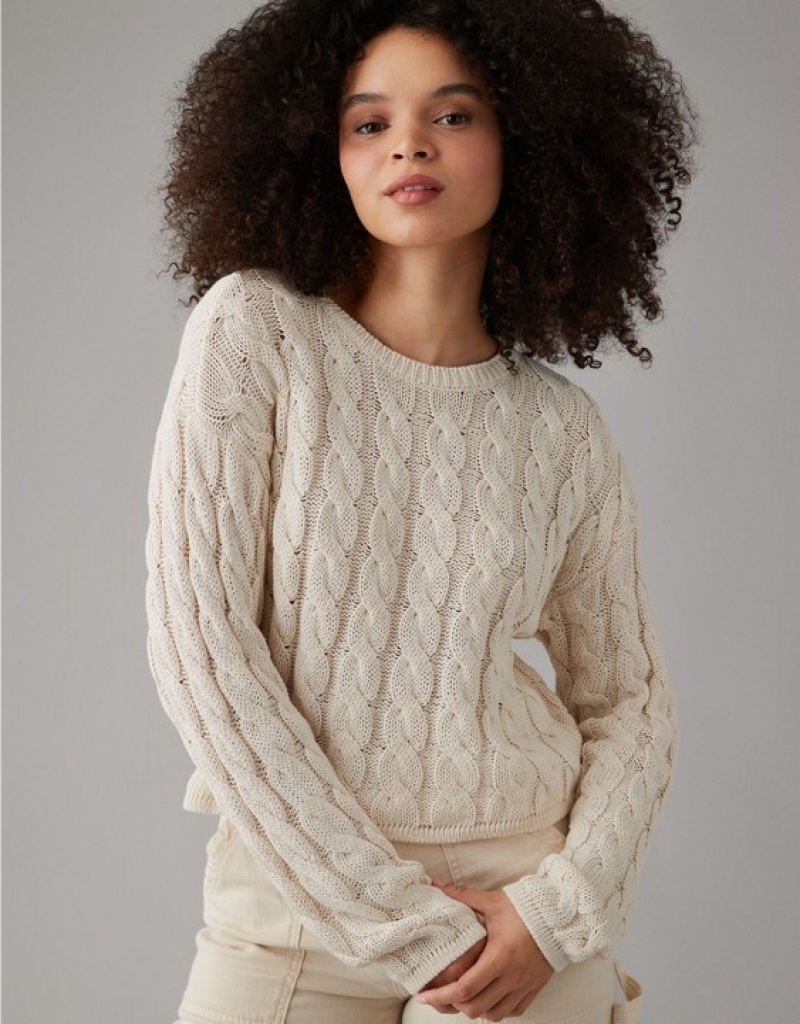 Aerie Cropped Cable-Knit Sweater Cream | TMK-248715