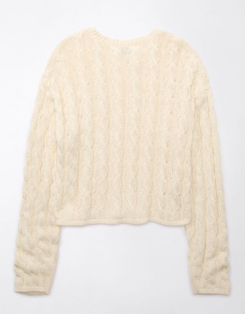 Aerie Cropped Cable-Knit Sweater Cream | TMK-248715