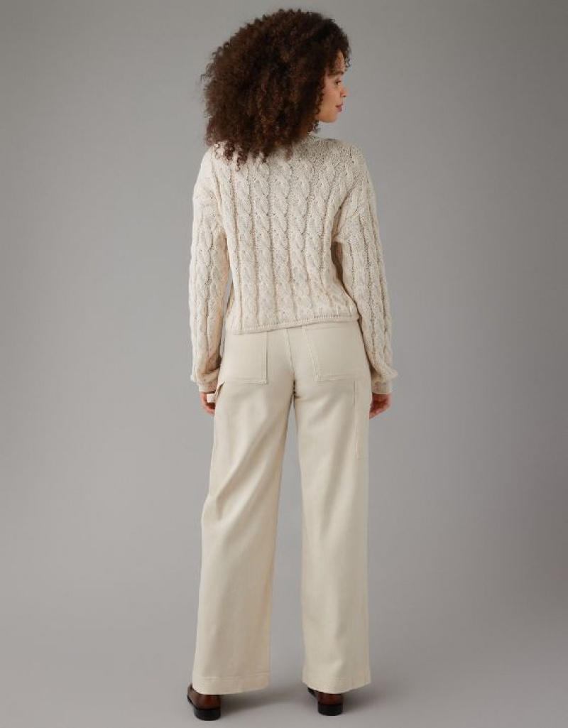 Aerie Cropped Cable-Knit Sweater Cream | TMK-248715