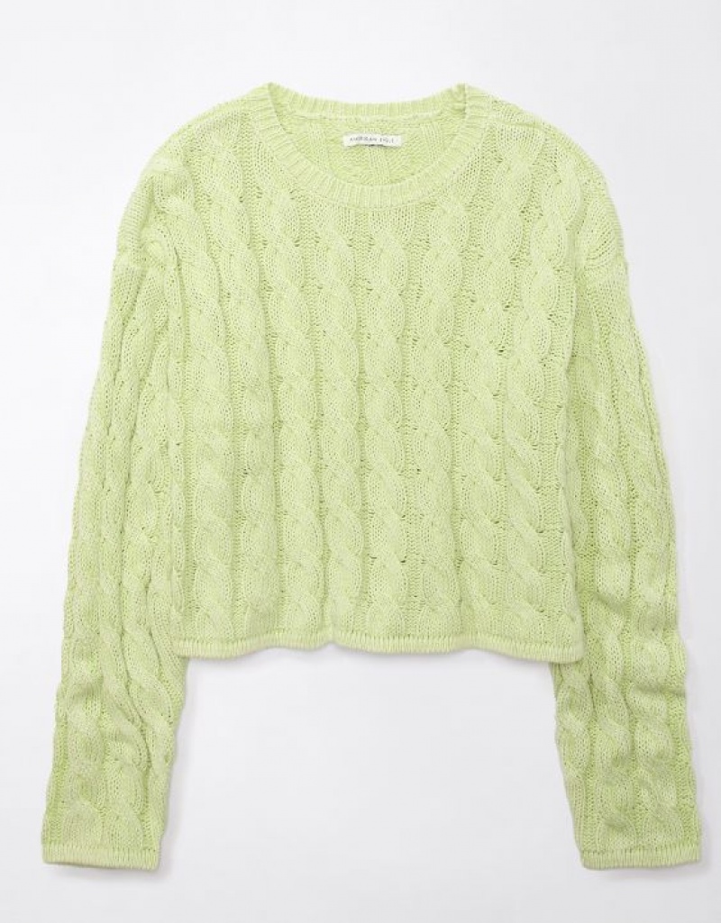 Aerie Cropped Cable-Knit Sweater Green | EIH-250498