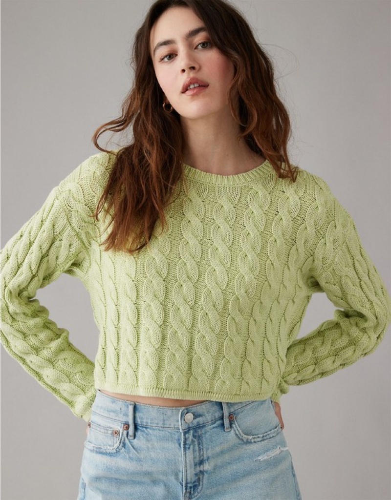 Aerie Cropped Cable-Knit Sweater Green | EIH-250498