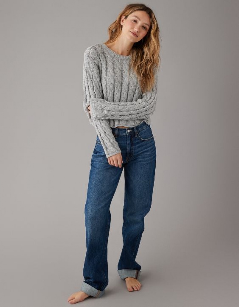 Aerie Cropped Cable-Knit Sweater Grey | EOU-462831