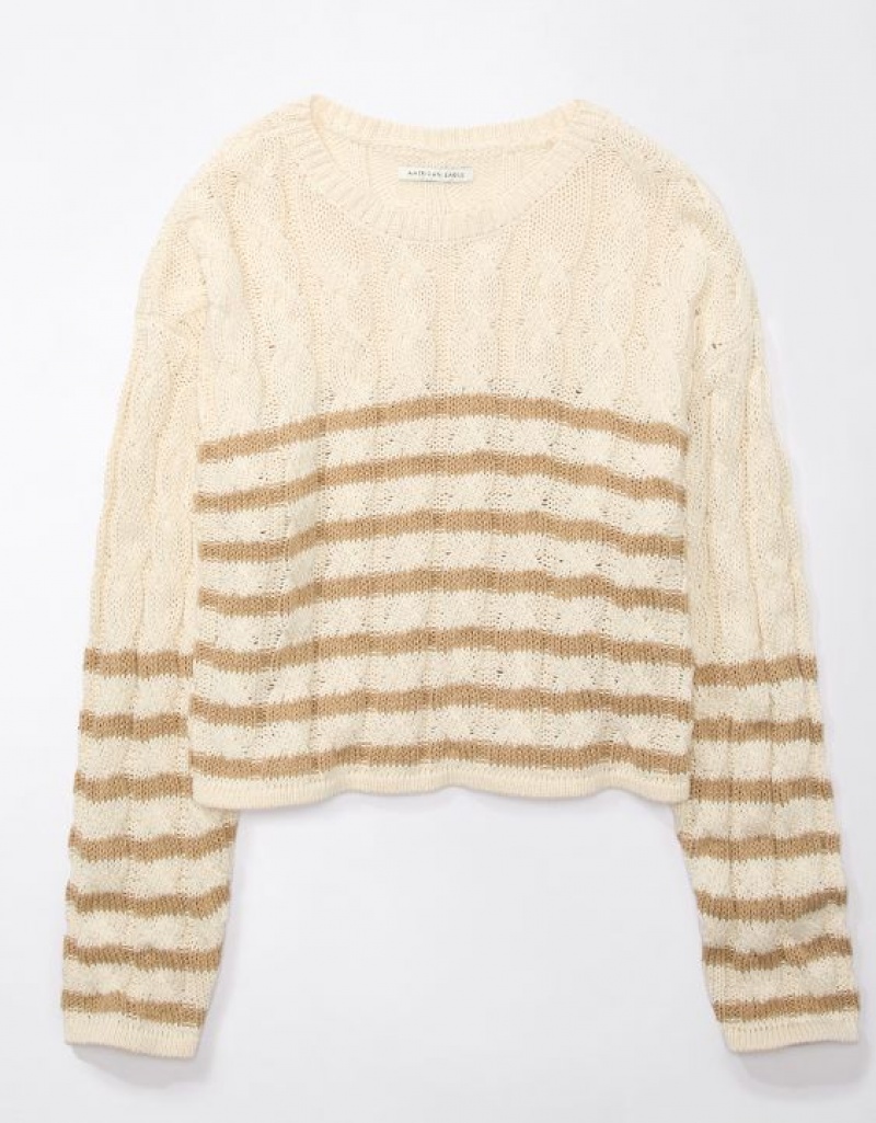 Aerie Cropped Cable-Knit Sweater Khaki | LTE-230986