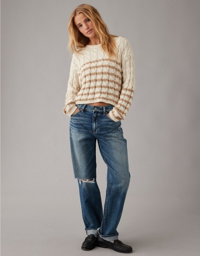 Aerie Cropped Cable-Knit Sweater Khaki | LTE-230986