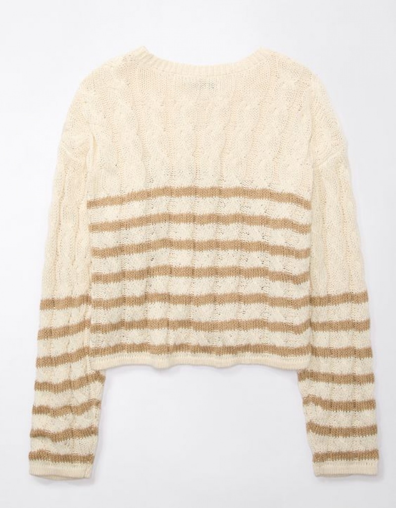 Aerie Cropped Cable-Knit Sweater Khaki | LTE-230986