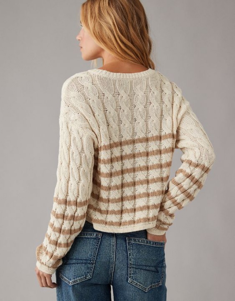 Aerie Cropped Cable-Knit Sweater Khaki | LTE-230986