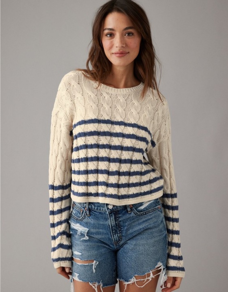 Aerie Cropped Cable-Knit Sweater Navy | EBW-162539