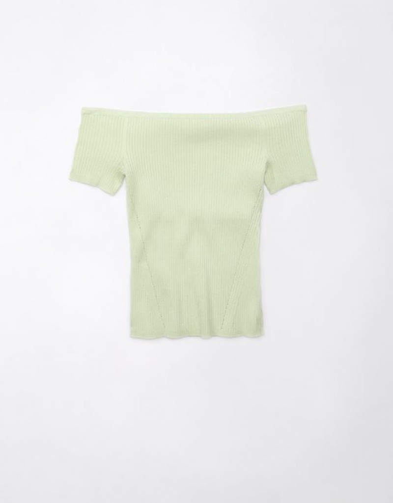 Aerie Cropped Ribbed Off-The-Shoulder Top Cardigan Green | NMX-264305