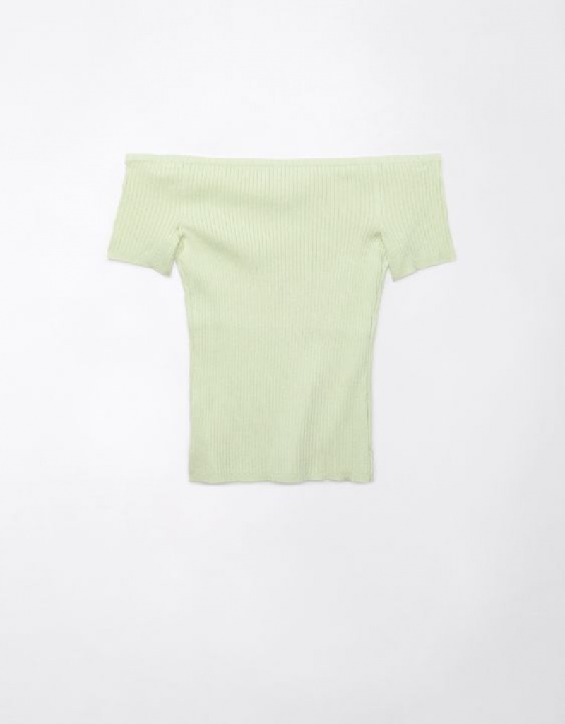 Aerie Cropped Ribbed Off-The-Shoulder Top Cardigan Green | NMX-264305