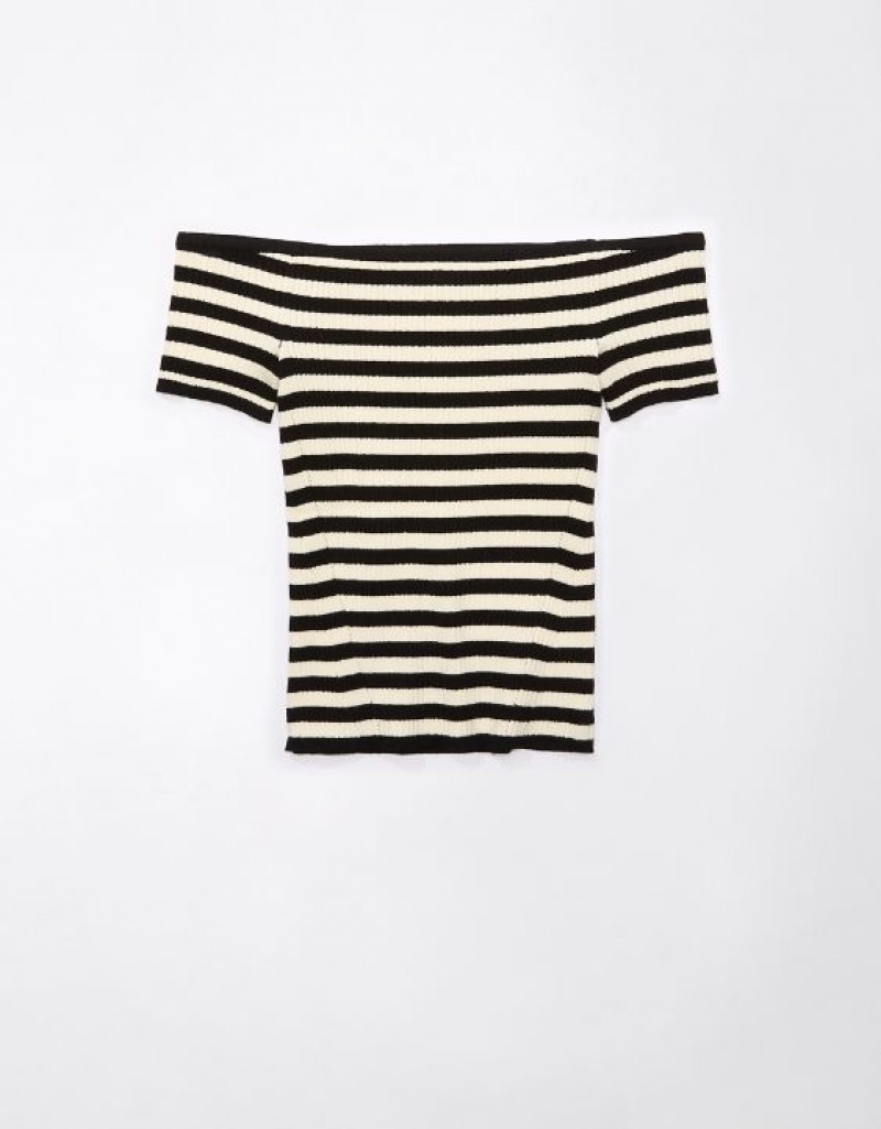 Aerie Cropped Ribbed Off-The-Shoulder Top Cardigan Black / Stripes | BSF-549127