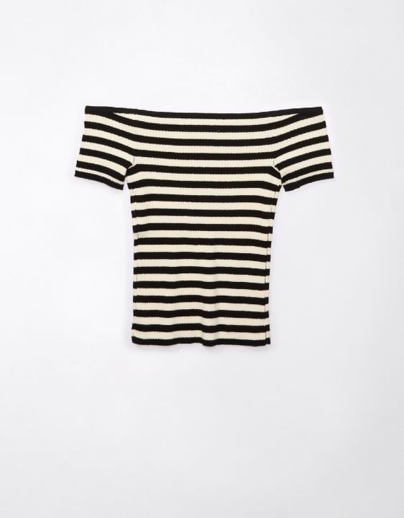 Aerie Cropped Ribbed Off-The-Shoulder Top Cardigan Black / Stripes | BSF-549127