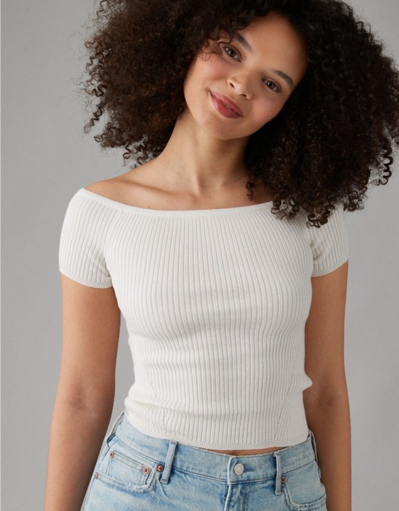 Aerie Cropped Ribbed Off-The-Shoulder Top Cardigan White | CTO-735806