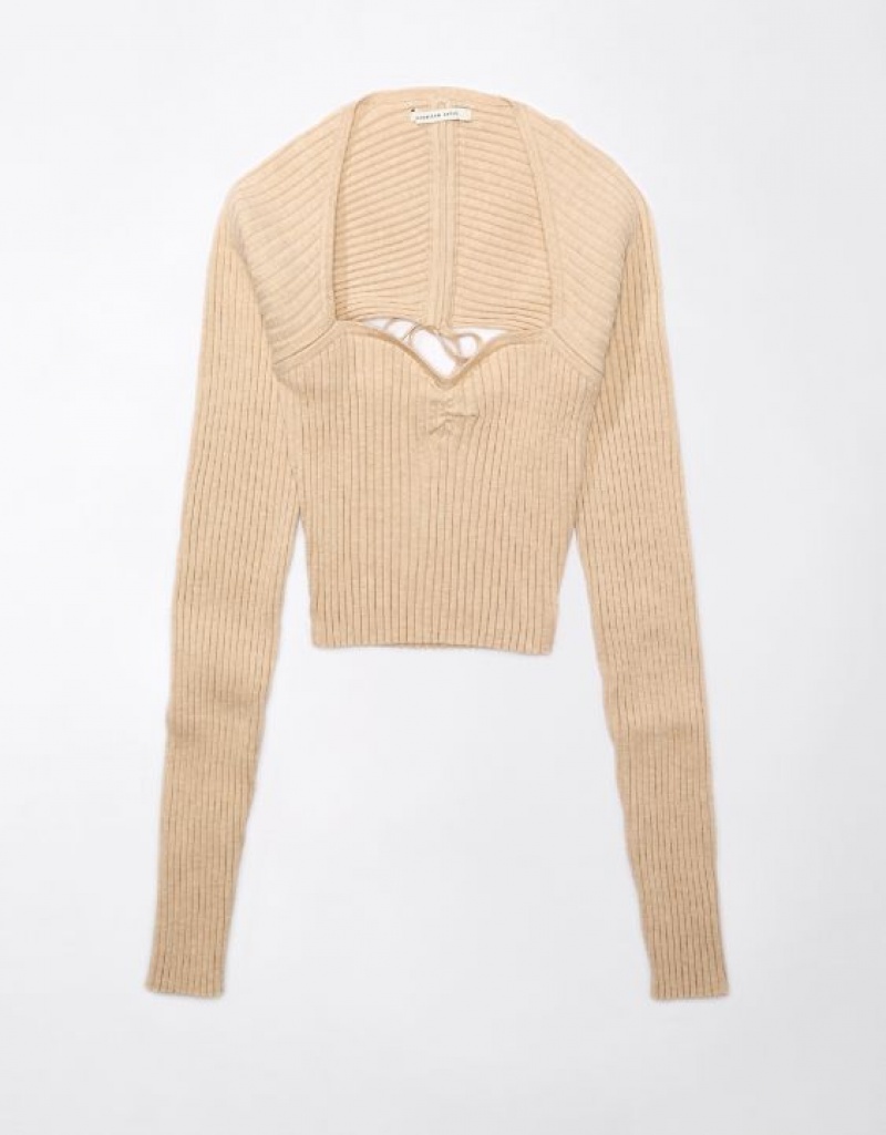 Aerie Cropped Ruched Sweater Beige | ARJ-905142