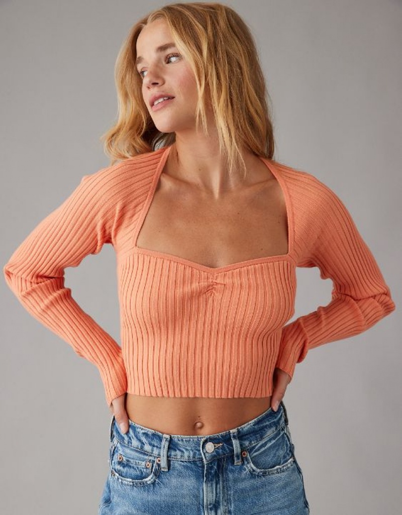 Aerie Cropped Ruched Sweater Orange | LST-274816