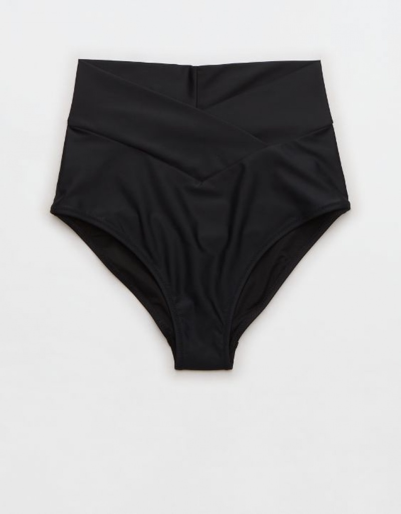 Aerie Crossover High Waisted Bikini Bottom Black | DZK-987230