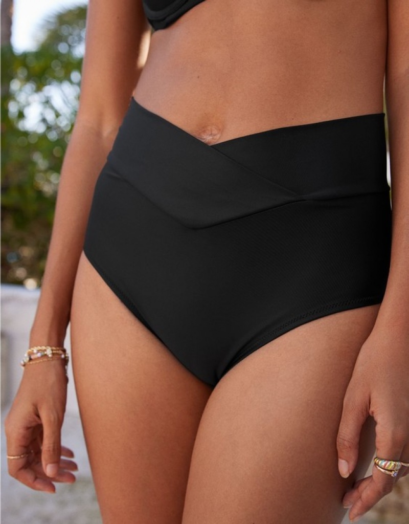 Aerie Crossover High Waisted Bikini Bottom Black | DZK-987230