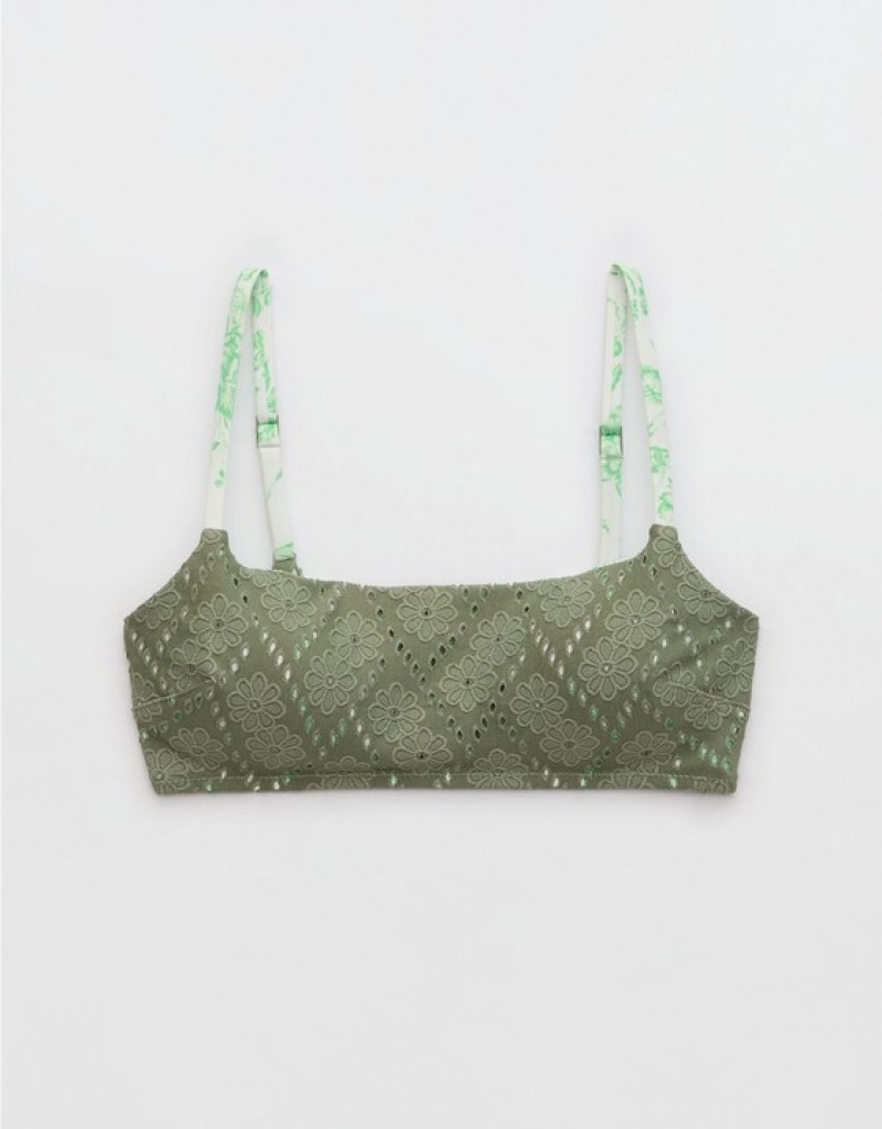 Aerie Eyelet Straight Scoop Bikini Top Olive | IWS-521738