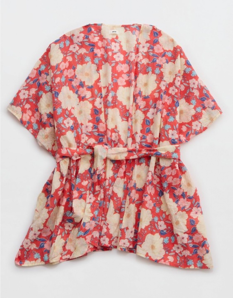 Aerie Floral Robe Dress Red | AID-625487