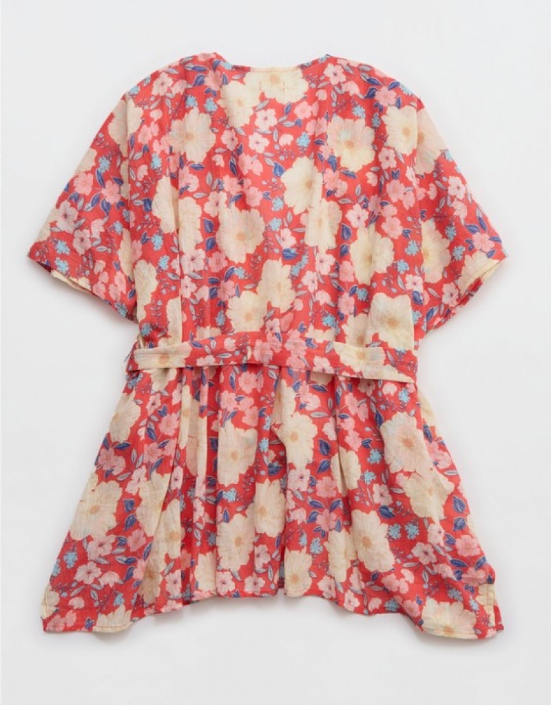 Aerie Floral Robe Dress Red | AID-625487