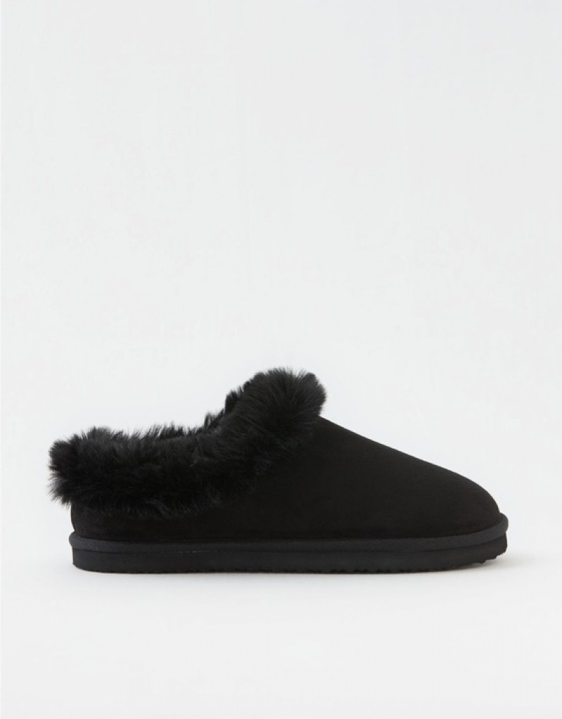 Aerie Fur Scruff Slippers Black | ESN-875613