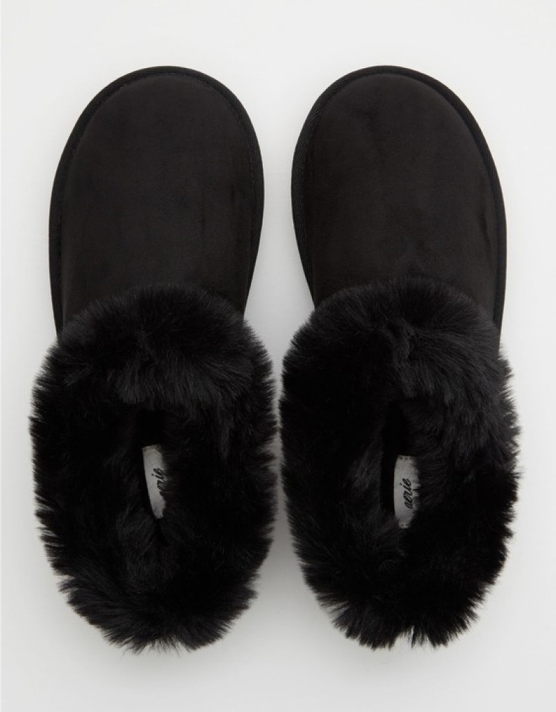 Aerie Fur Scruff Slippers Black | ESN-875613