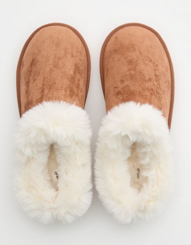 Aerie Fur Scruff Slippers Brown | JIA-723164