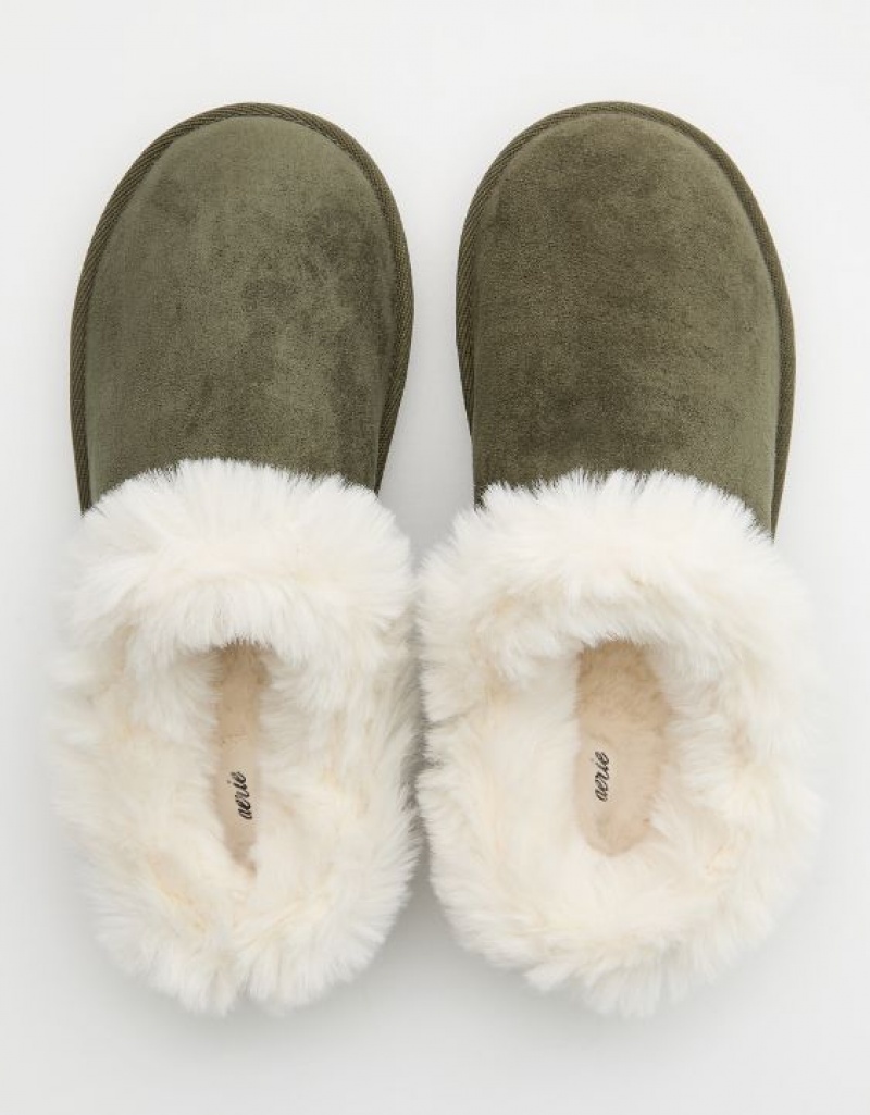 Aerie Fur Scruff Slippers Olive | EHF-467031