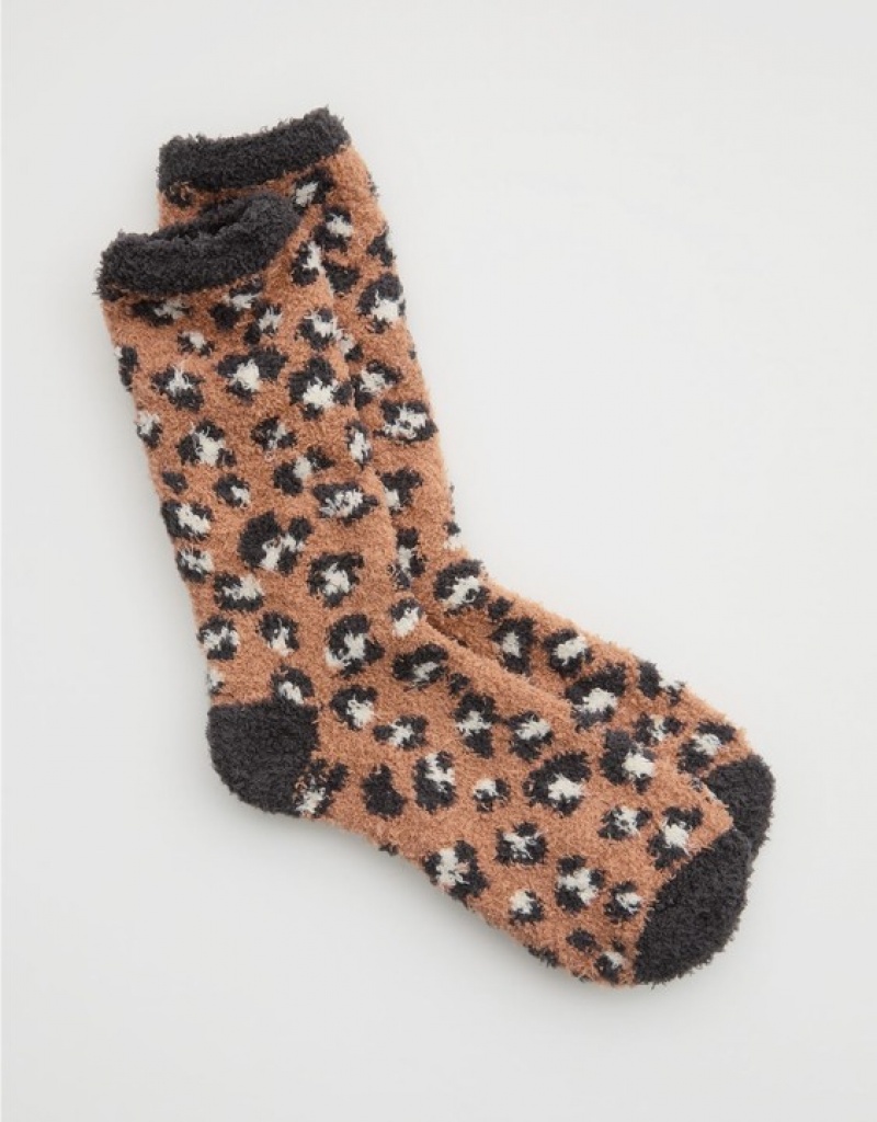 Aerie Fuzzy Crew Socks Brown | XBM-214793