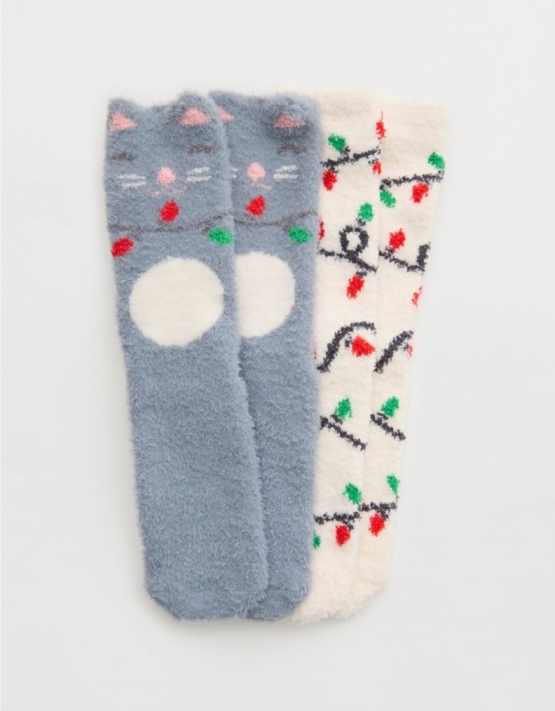 Aerie Fuzzy Holiday Crew 2-Pack Socks Silver / Grey | XJE-039847