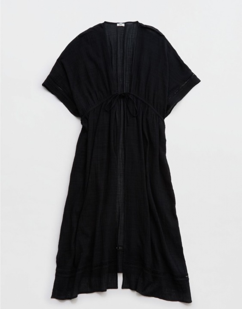 Aerie Gauze Maxi Tie Kimono Dress Black | HLW-802391