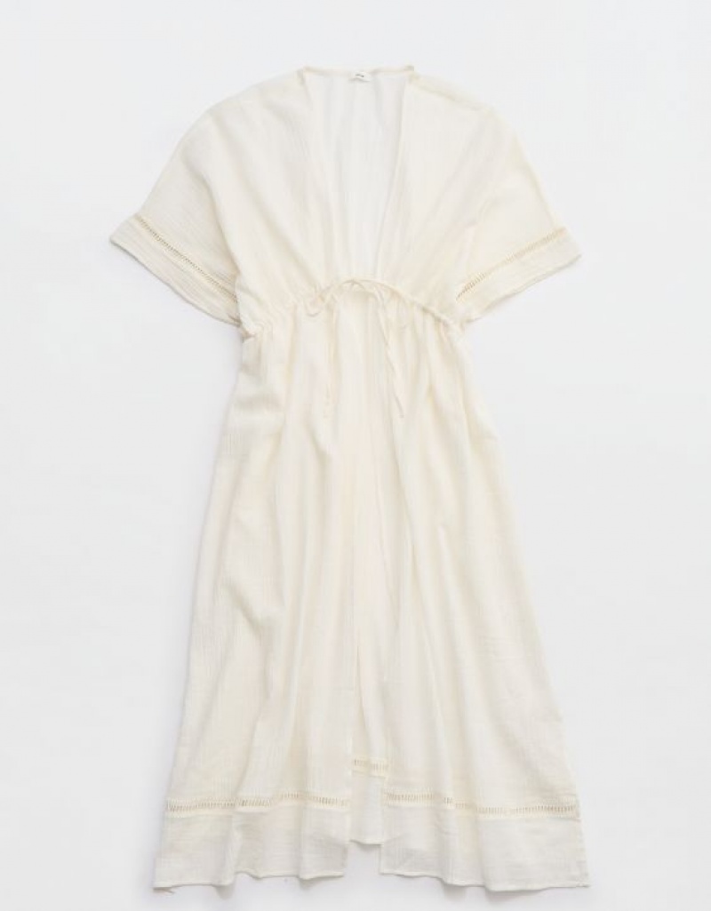 Aerie Gauze Maxi Tie Kimono Dress White | AIR-483695